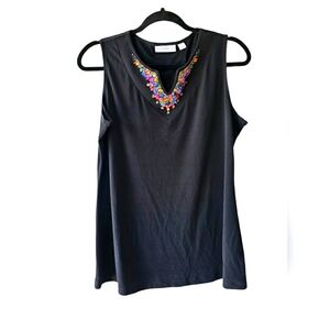 Susan Graver Black Slinky Stretchy Tank Top Colorful Rhinestone Bling Neck